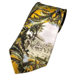 HUGO BOSS Mens Silk Tie Tropical Scene Palm Trees Botanical Print Yellow‎